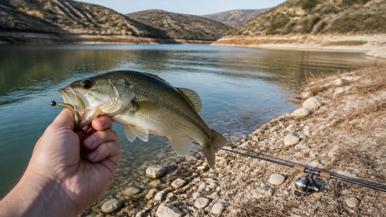 Largemouth bass lure fisherman casting a soft plastic toward flooded timber on a Cyprus dam