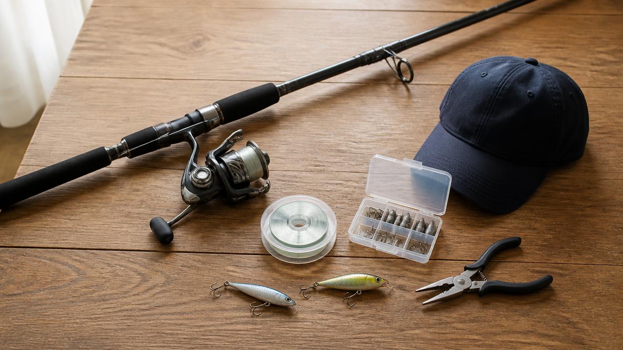 Beginner shore fishing setup laid out on a table with a spinning rod, reel, line, hooks, sinkers and lures