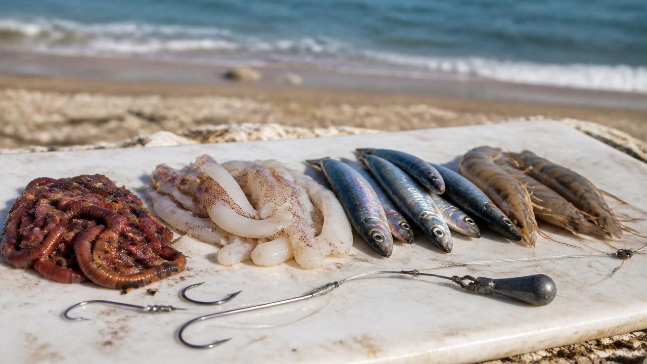 Selection of natural baits including worms, squid strip and fish strip for Cyprus shore fishing