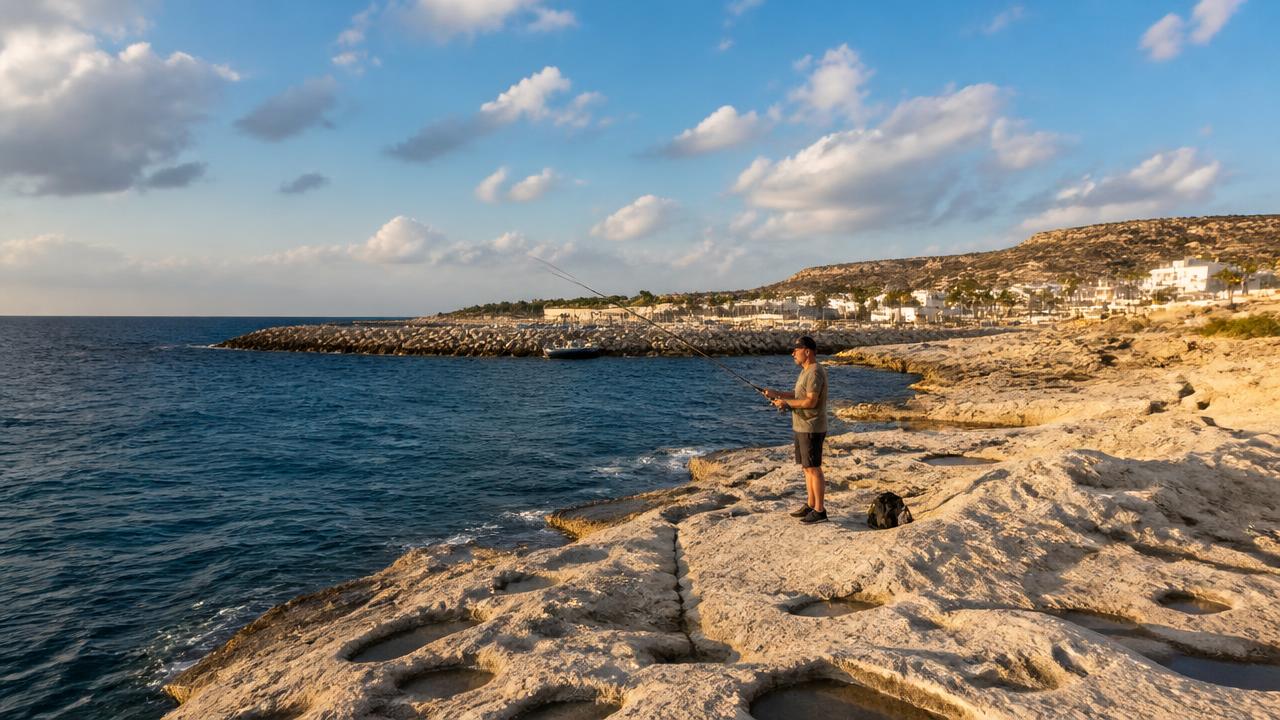 Shore angler fishing from pale limestone rocks beside a Cyprus fishing harbour in golden evening light