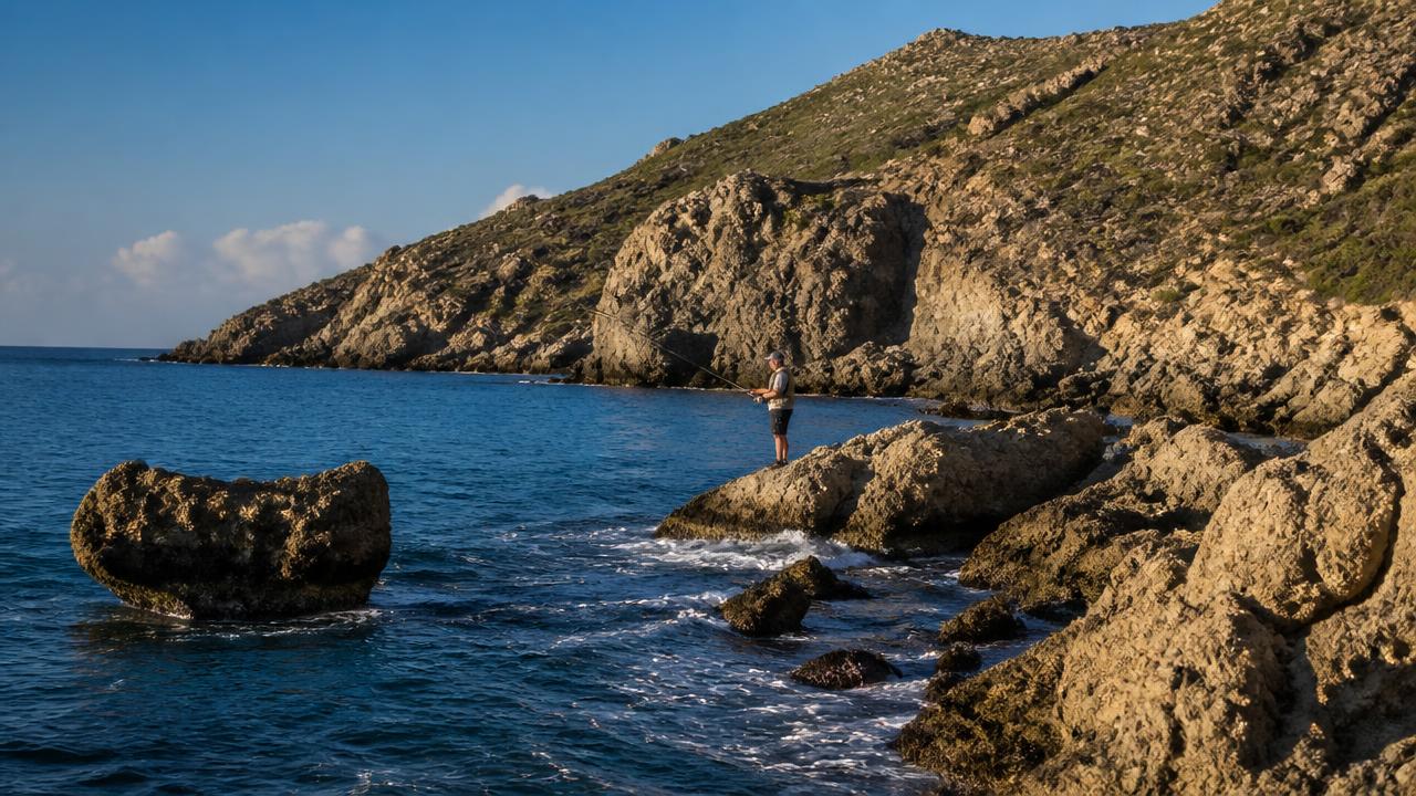 Broken limestone rock ledges dropping into deep water on the Cyprus coast, typical HRF ground