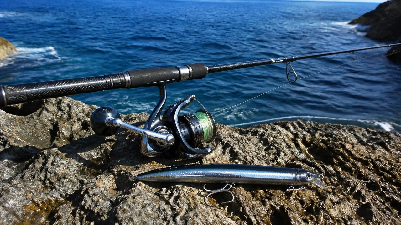 HRF rod and reel setup with heavy fluorocarbon leader laid out on rocks on the Cyprus coast