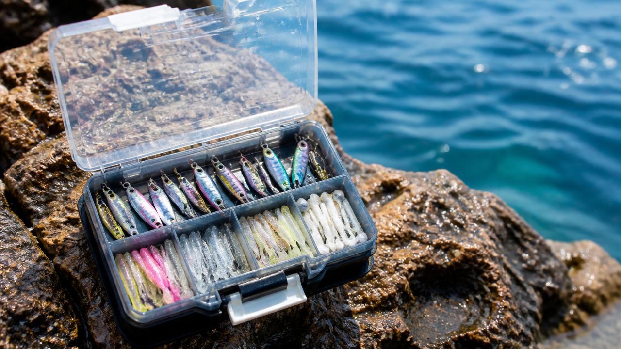 A small tackle box of LRF micro jigs and soft plastics beside a Cyprus harbour wall