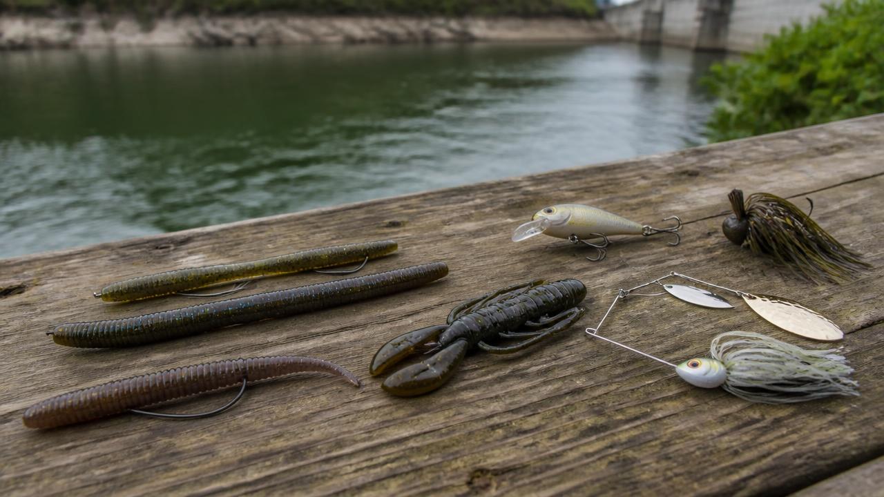 A selection of soft plastic and hard lures laid out beside a Cyprus reservoir for bass fishing