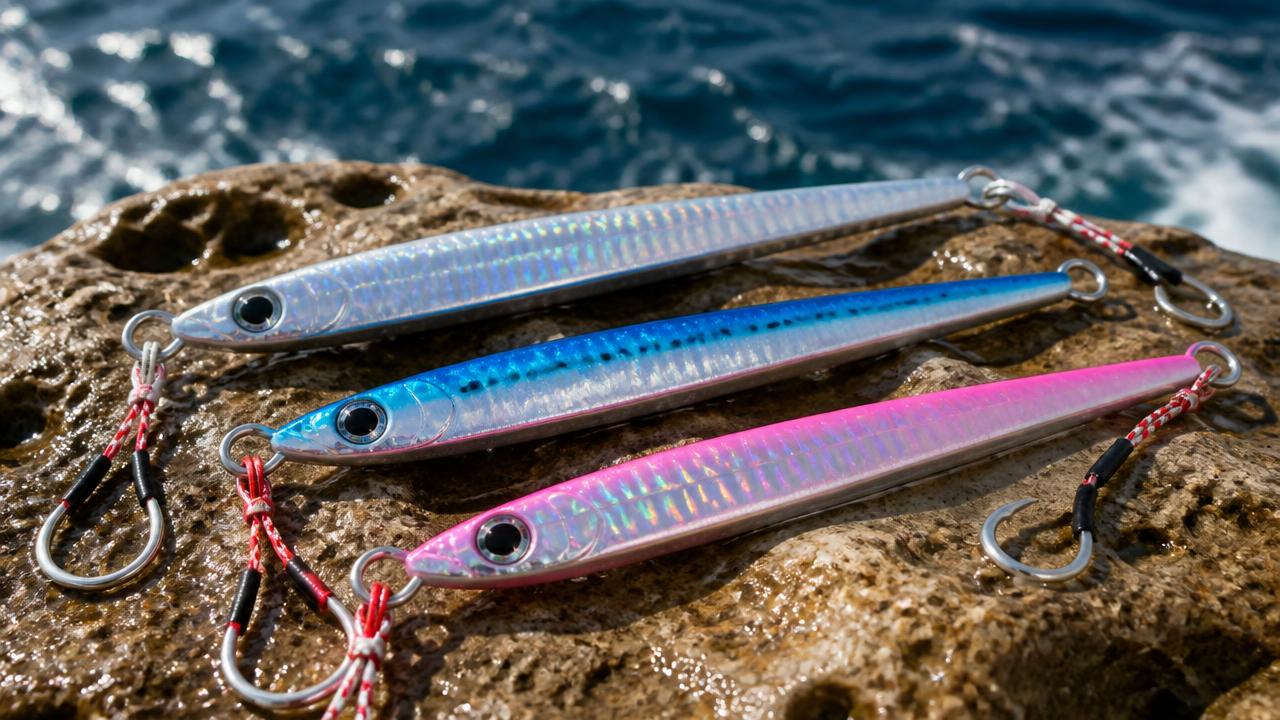 A selection of metal jigs of varying shapes and weights laid out for shore jigging in Cyprus