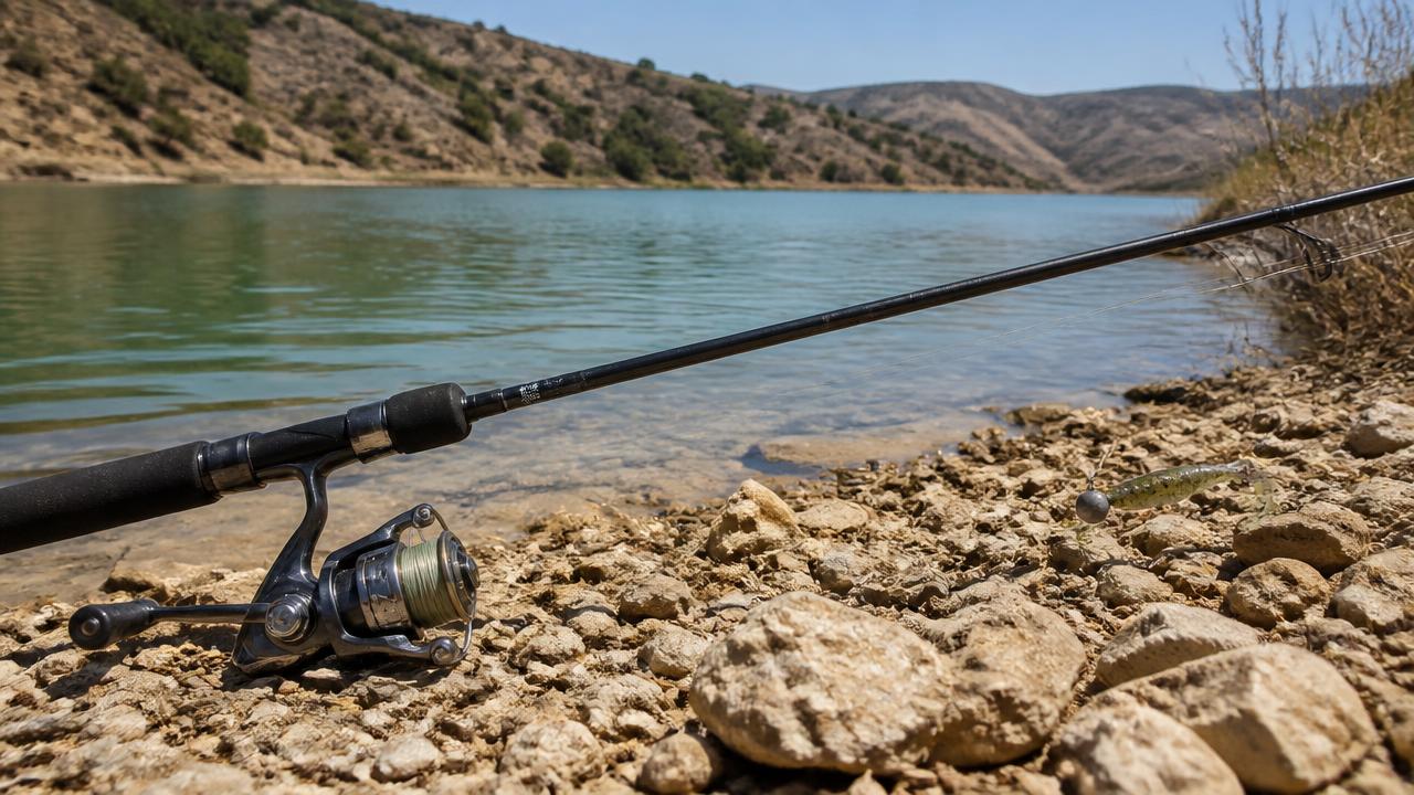 A spinning rod and reel combo set up for bass fishing resting on a Cyprus dam bank