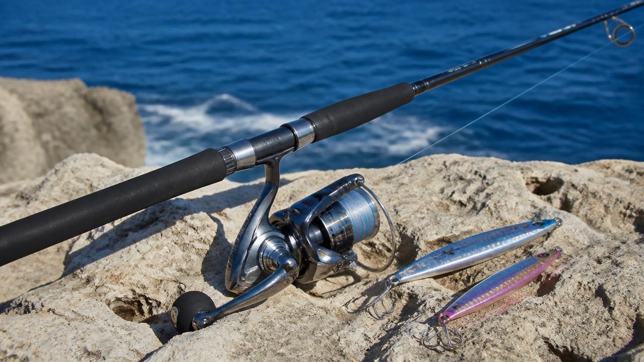 A shore jigging rod and large saltwater spinning reel set up on rocks at a Cyprus fishing mark
