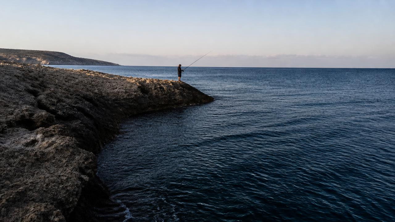 Rocky Cyprus headland dropping into deep blue water, a typical shore jigging ground type