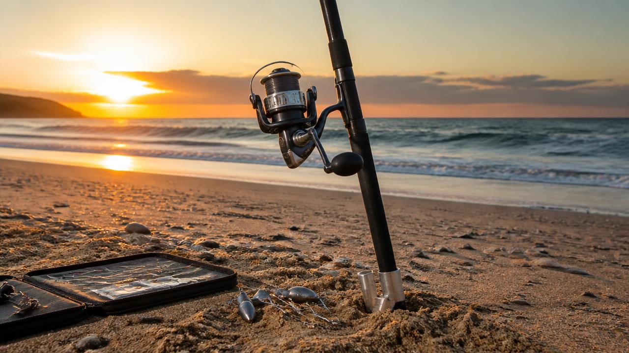 Long surfcasting rods and large fixed-spool reels set up in rod holders on a Cyprus beach