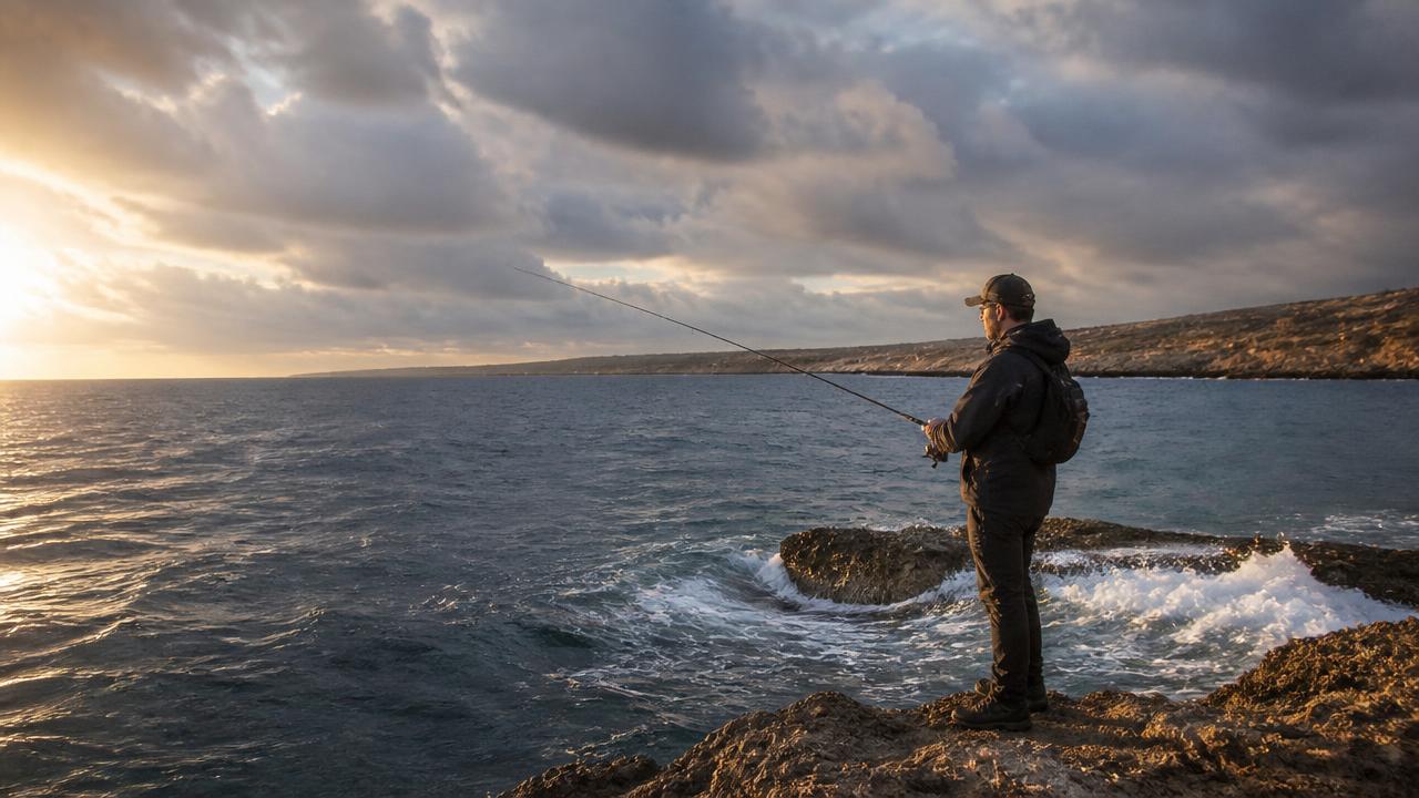 Angler fishing a Cyprus rock mark under an autumn sky with a choppy Mediterranean sea