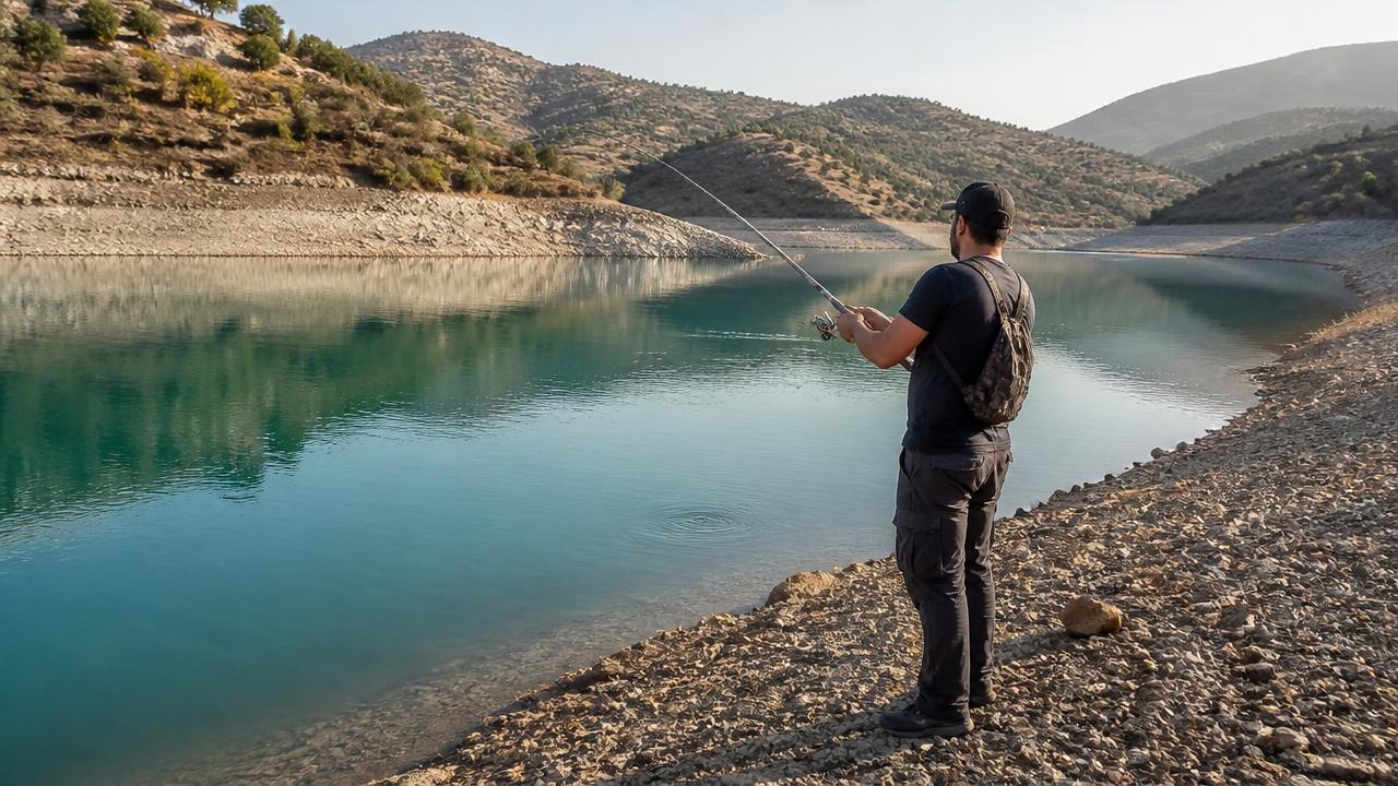 Angler spinning for bass at sunrise on the still water of a Cyprus hillside dam