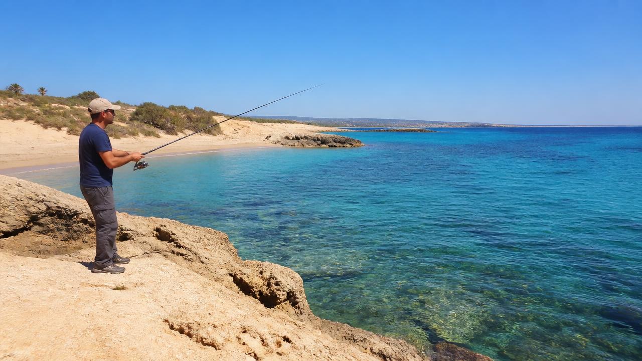 Rocky headland and sandy cove at Coral Bay near Paphos, Cyprus, with an angler light spinning from the rocks