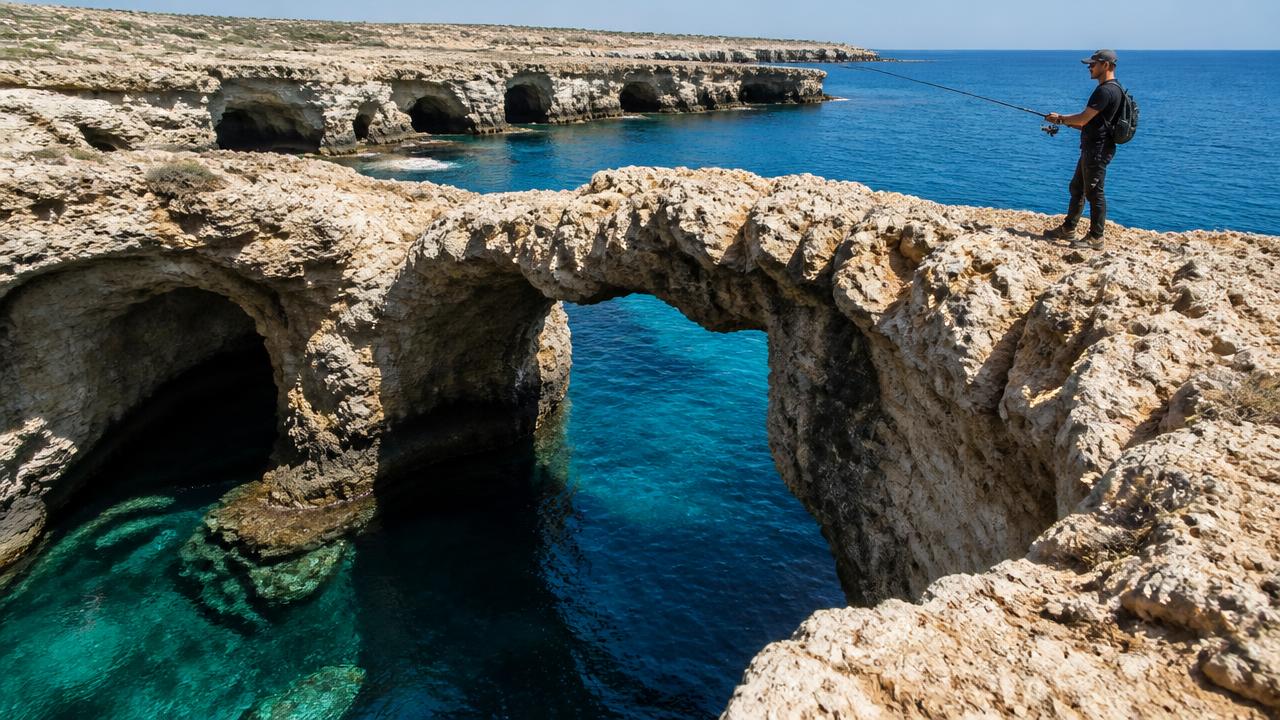 Steep limestone rock platform dropping into deep blue water near Cyclops Cave on the Cyprus coast