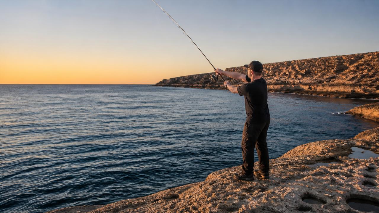 Angler casting a spinning rod from a limestone rock platform into deep blue Mediterranean water at sunrise in Cyprus