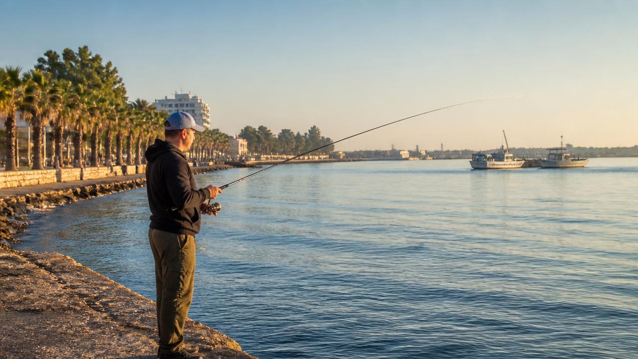 Angler casting a spinning rod from a stone breakwater at dusk in Larnaca, Cyprus, with the marina lights in the background