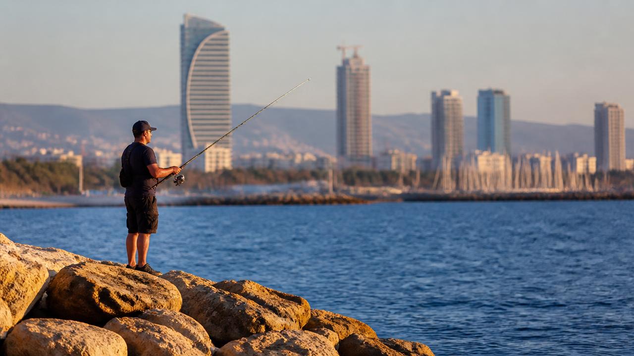 Limassol marina breakwater with anglers fishing at dusk along the Cyprus coastline