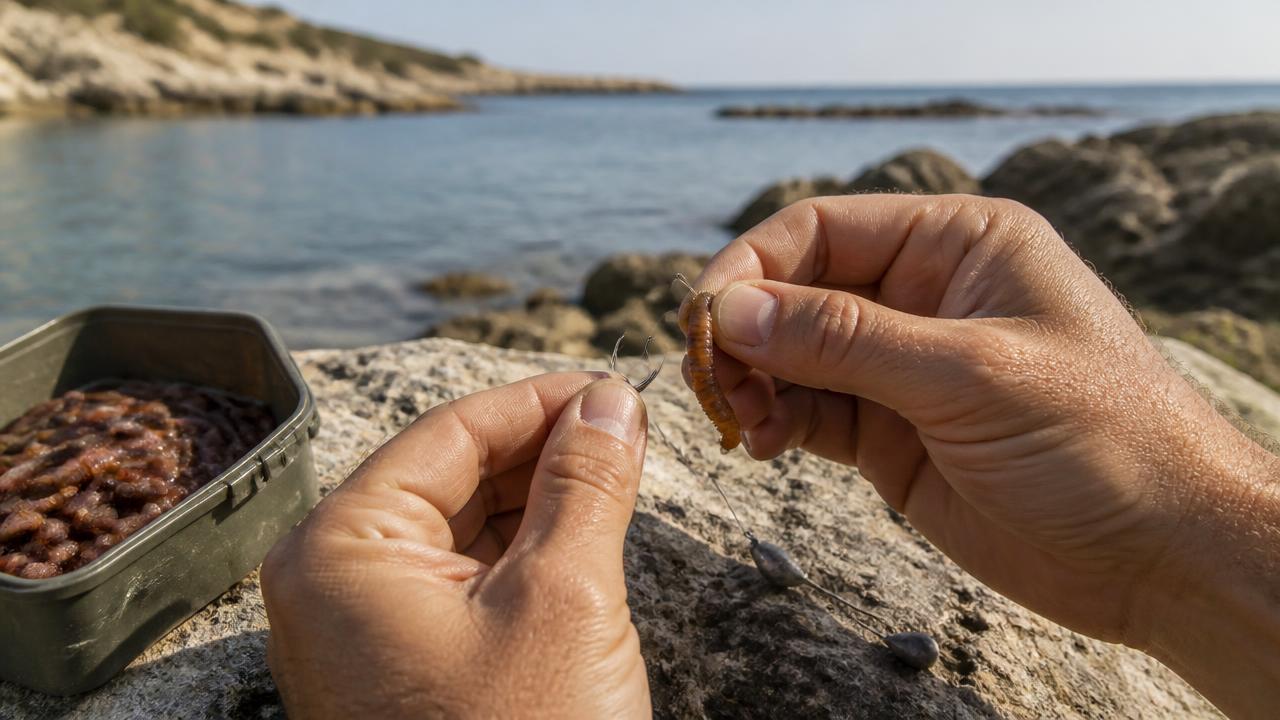 Ragworm bait threaded onto a hook for shore fishing in Cyprus