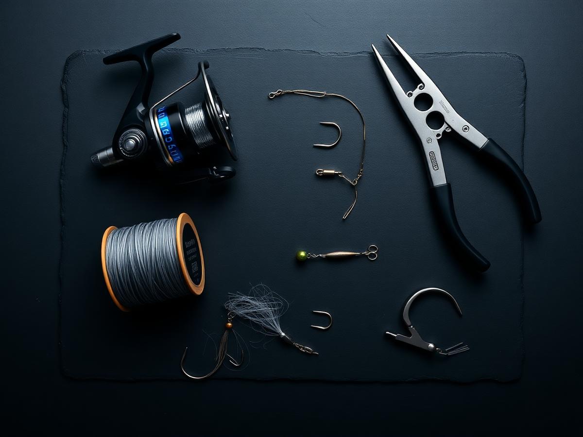 Fishing reel, braided line, jig and pliers laid out on dark slate