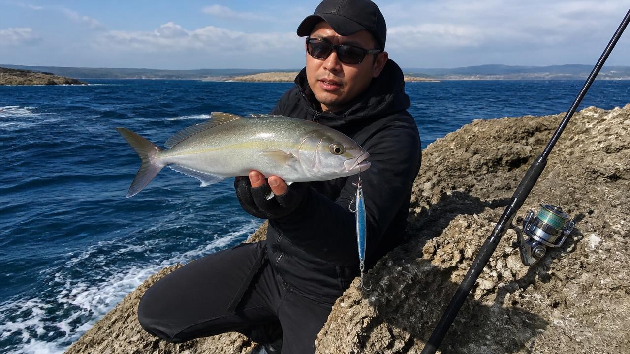 Angler fighting a strong fish from a rocky Cyprus shoreline with a bent shore jigging rod