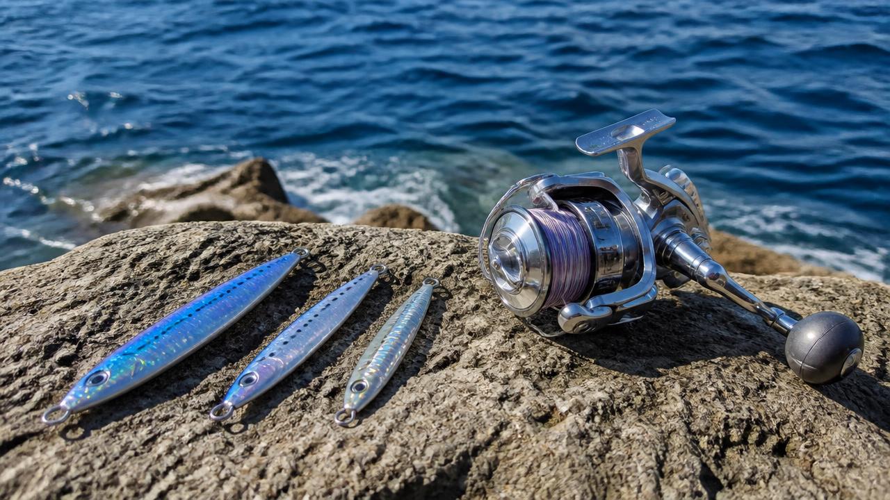 An angler weighing up metal jigs of different sizes before casting at a Cyprus shore jigging mark