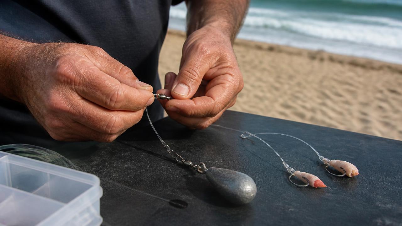 Close-up of a surfcasting paternoster rig with hooks and a sinker laid out on Cyprus sand