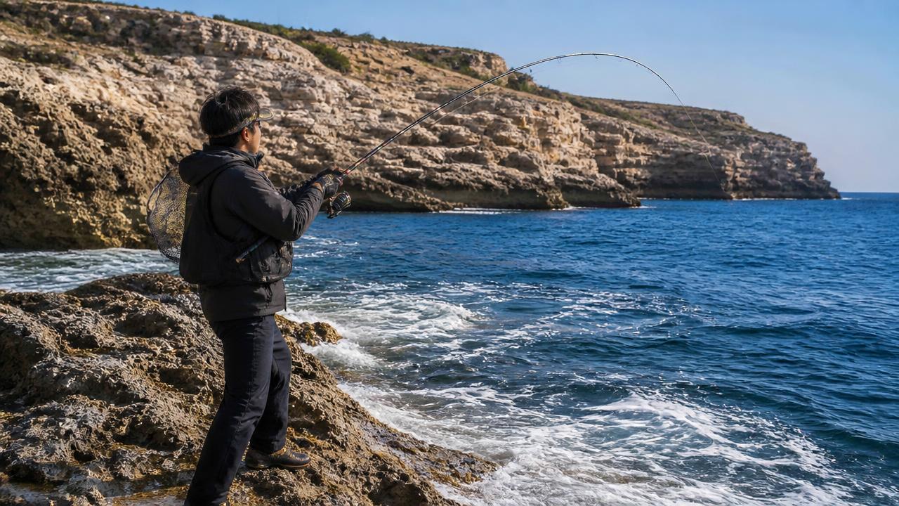 Angler heavy rock fishing from steep Cyprus limestone rocks with deep blue water below