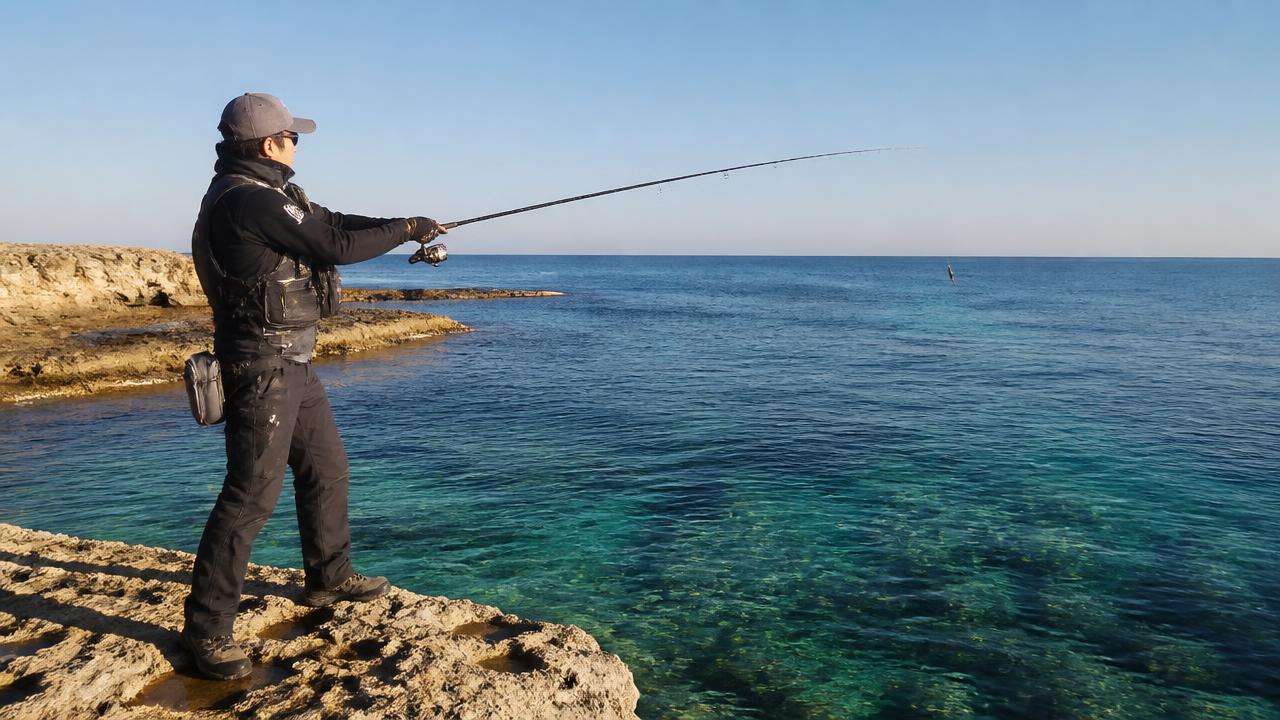 Steep rocky coastline near Cape Greco in Famagusta district, Cyprus, popular for heavy rock fishing