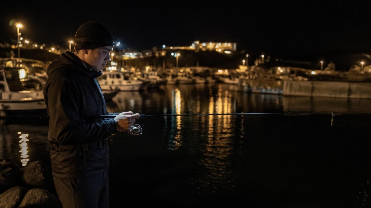Harbour lights reflecting on calm water at a Cyprus marina during a night LRF session