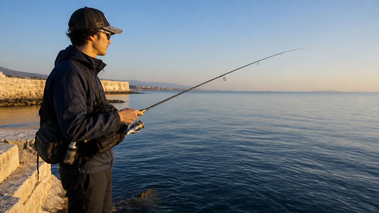 Angler light rock fishing from a harbour wall in Cyprus with an ultralight spinning rod