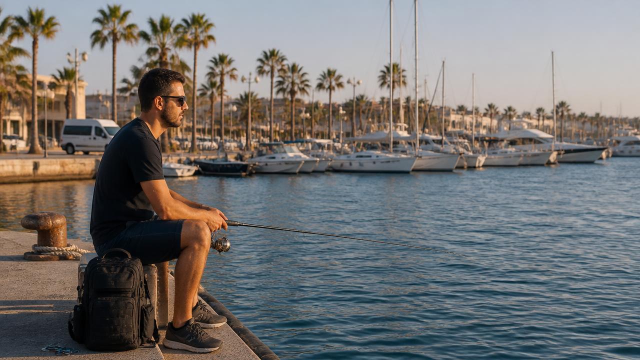 Light rock fishing angler at the Larnaca marina wall with an ultralight rod and reel