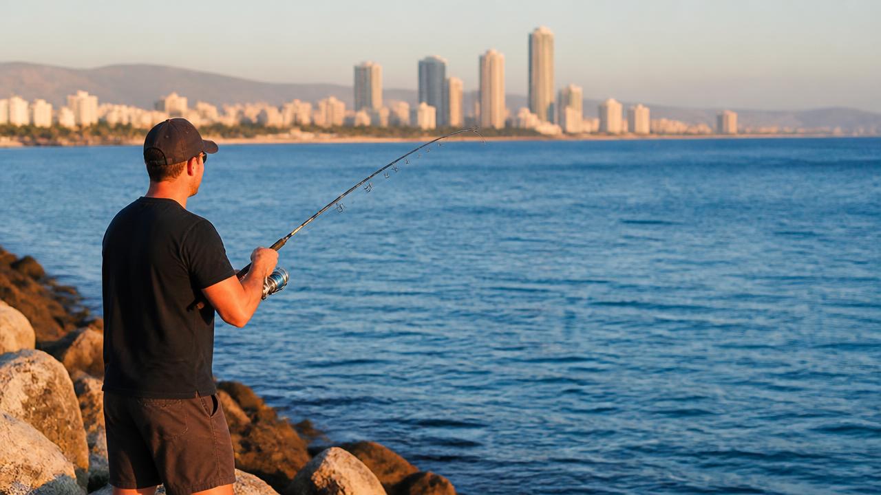 LRF angler casting a light spinning rod along the Limassol marina waterfront