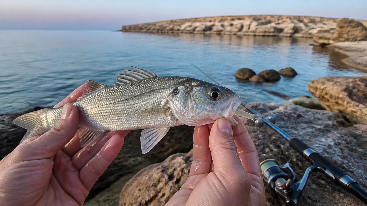 A small seabass caught on light LRF tackle at a Cyprus marina wall