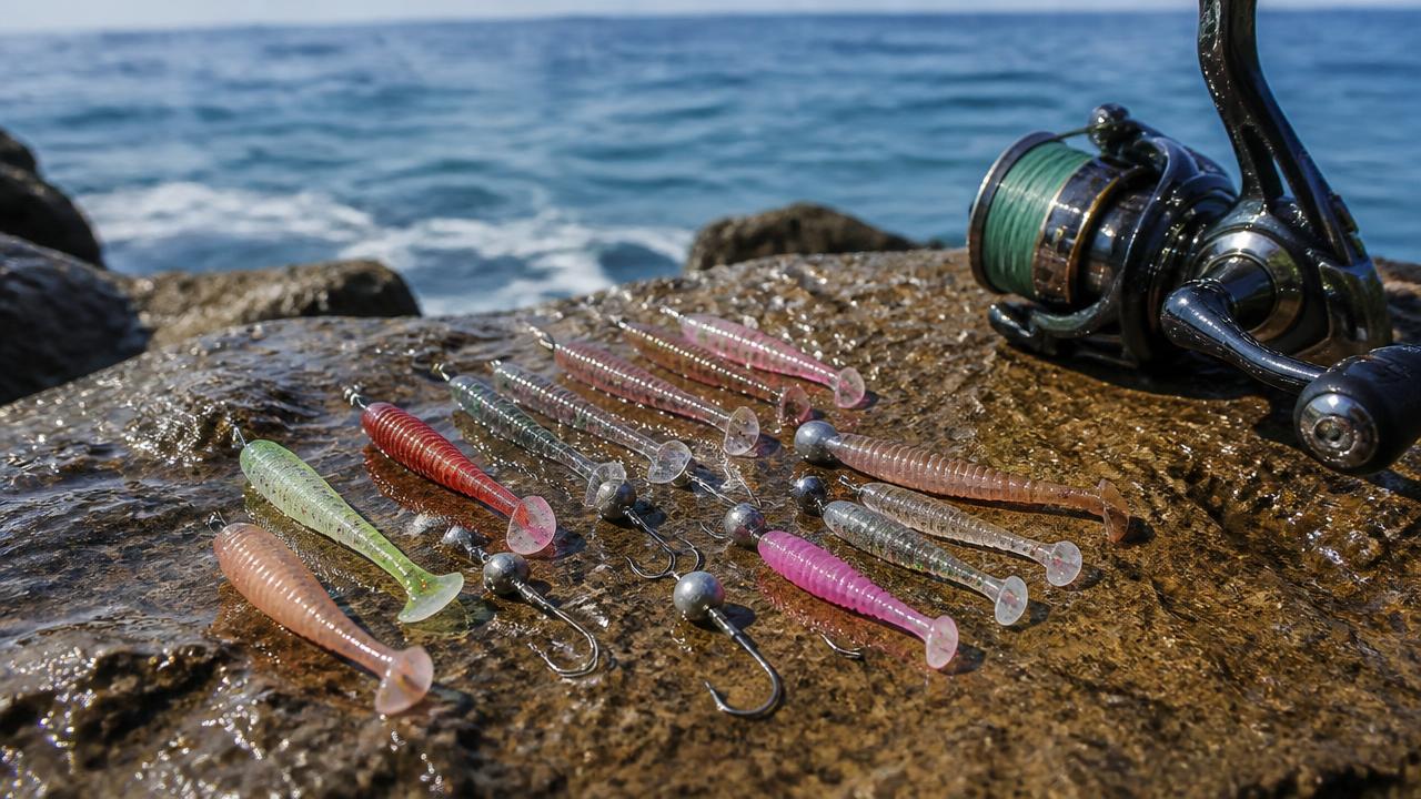 Assorted small LRF soft plastic worms and paddletails laid out on jigheads for Cyprus fishing