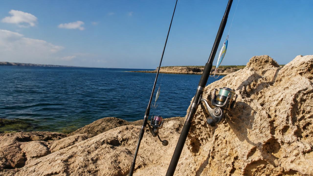Split image style scene of light LRF tackle beside heavier HRF tackle on Cyprus rocks