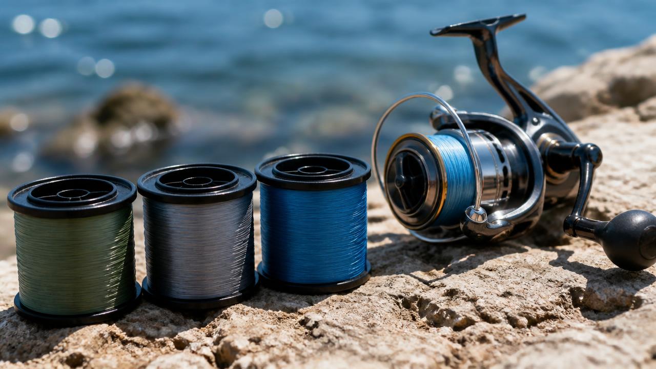 Spools of PE braid line used for shore jigging in Cyprus laid alongside a saltwater reel