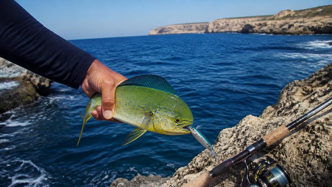 Deep blue water off a Cyprus rock mark where mahi mahi are occasionally encountered by shore anglers