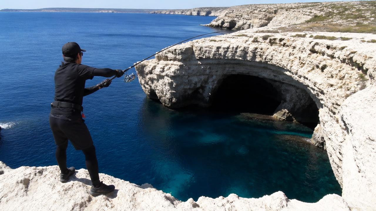 Dramatic limestone rock formations and deep water at Cyclops Cave on the Cyprus coastline