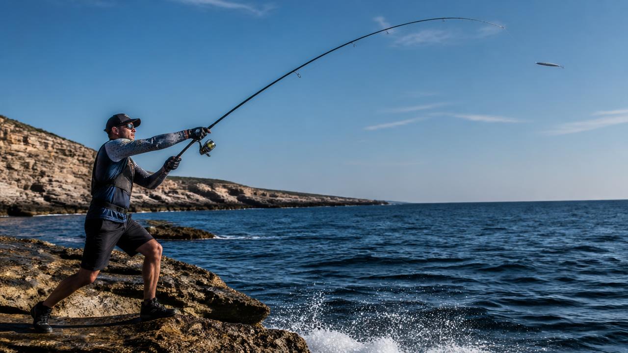 Angler casting a metal jig from a rocky headland into deep blue water on the Cyprus coast