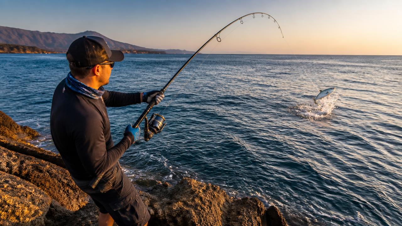Open blue Mediterranean water off a rocky Cyprus headland where pelagic species occasionally pass close to shore