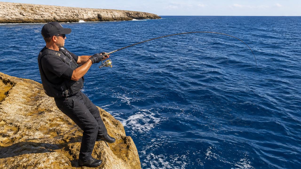 Angler working a metal jig with a long shore jigging rod from rocks on the Cyprus coast