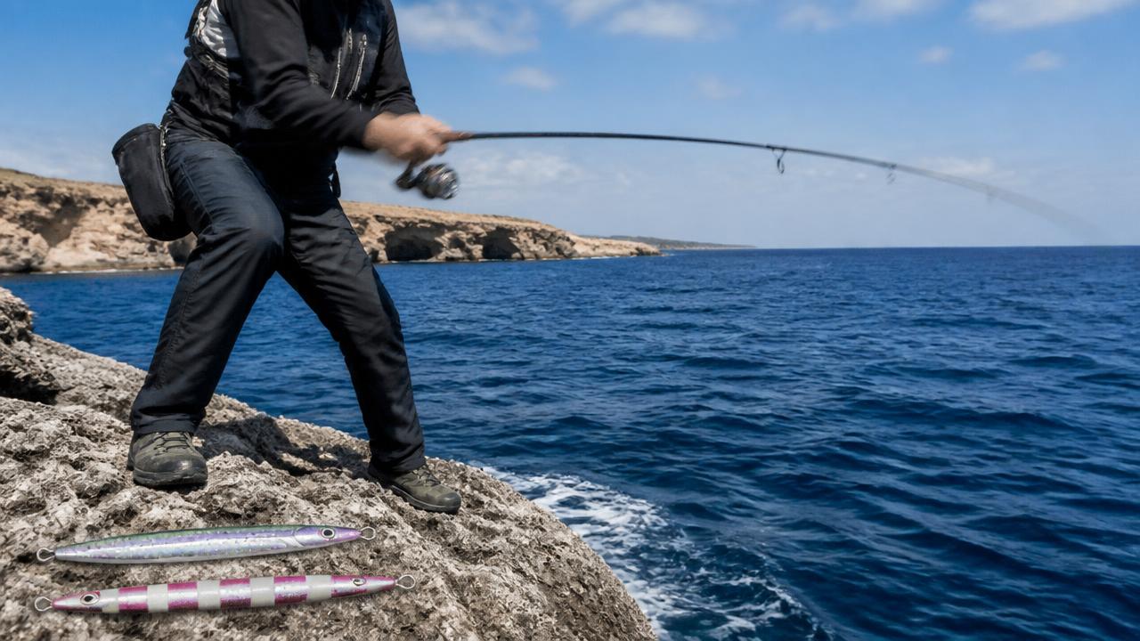 An angler working a shore jigging rod with a sweeping retrieve motion at a Cyprus rock mark