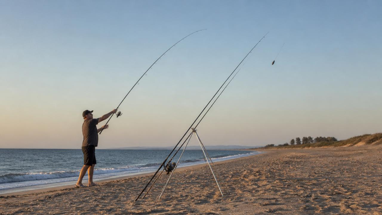 Surfcasting rod resting in a sand spike on a Cyprus beach at sunset
